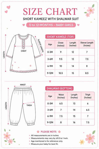 Salsabeel's Baby Girl Hand-Embroidered Booti Shalwar Kameez Set – 0–12 Months